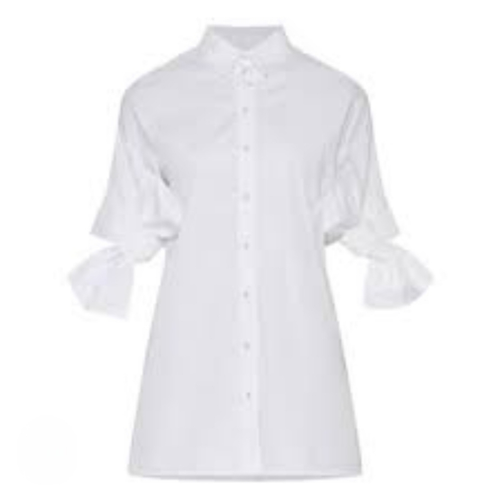 Victoria Beckham White Bow Embellished Short Sleeve Long Line Button Down Blouse